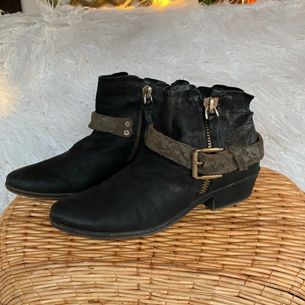 Black Distressed Leather Ankle Booties with Buckle Detail